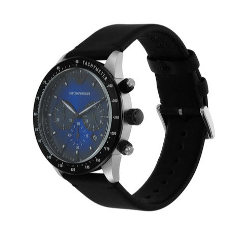 Emporio Armani Mario Chronograph Blue Dial Black Leather Strap Watch For Men - AR11522