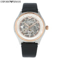 Emporio Armani Zeta Skeleton Automatic Silver Dial Black Leather Strap Watch For Men - AR60018