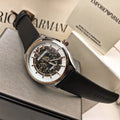 Emporio Armani Zeta Skeleton Automatic Silver Dial Black Leather Strap Watch For Men - AR60018