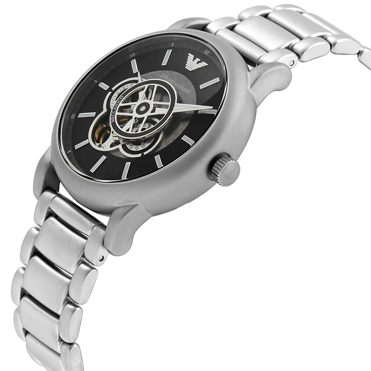 Emporio Armani Meccanico Automatic Skeleton Black Dial Silver Steel Strap Watch For Men - AR60021