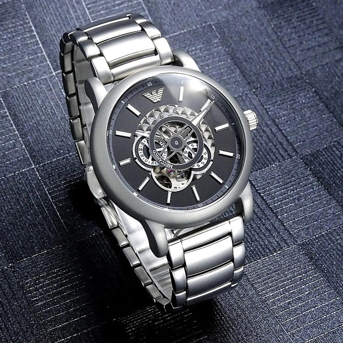 Emporio Armani Meccanico Automatic Skeleton Black Dial Silver Steel Strap Watch For Men - AR60021