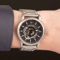 Emporio Armani Meccanico Automatic Skeleton Black Dial Silver Steel Strap Watch For Men - AR60021