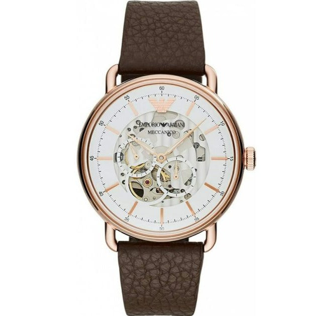 Emporio Armani Meccanico Automatic White Dial Brown Leather Strap Watch For Men - AR60027