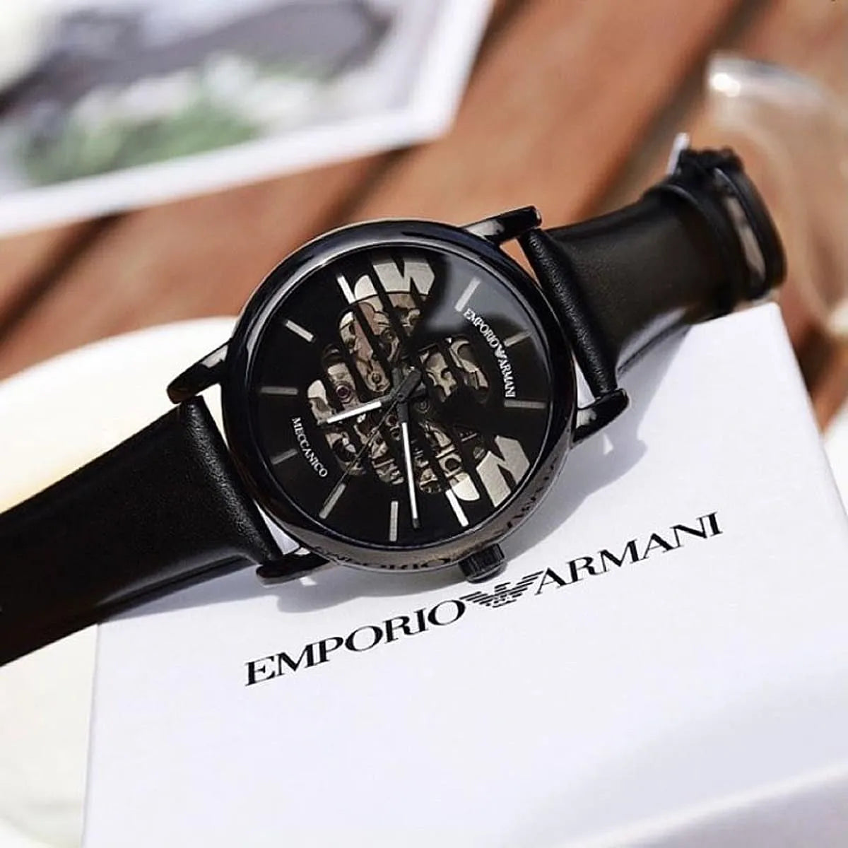 Emporio Armani Meccanico Quartz Black Dial Black Leather Strap Watch For Men - AR60032