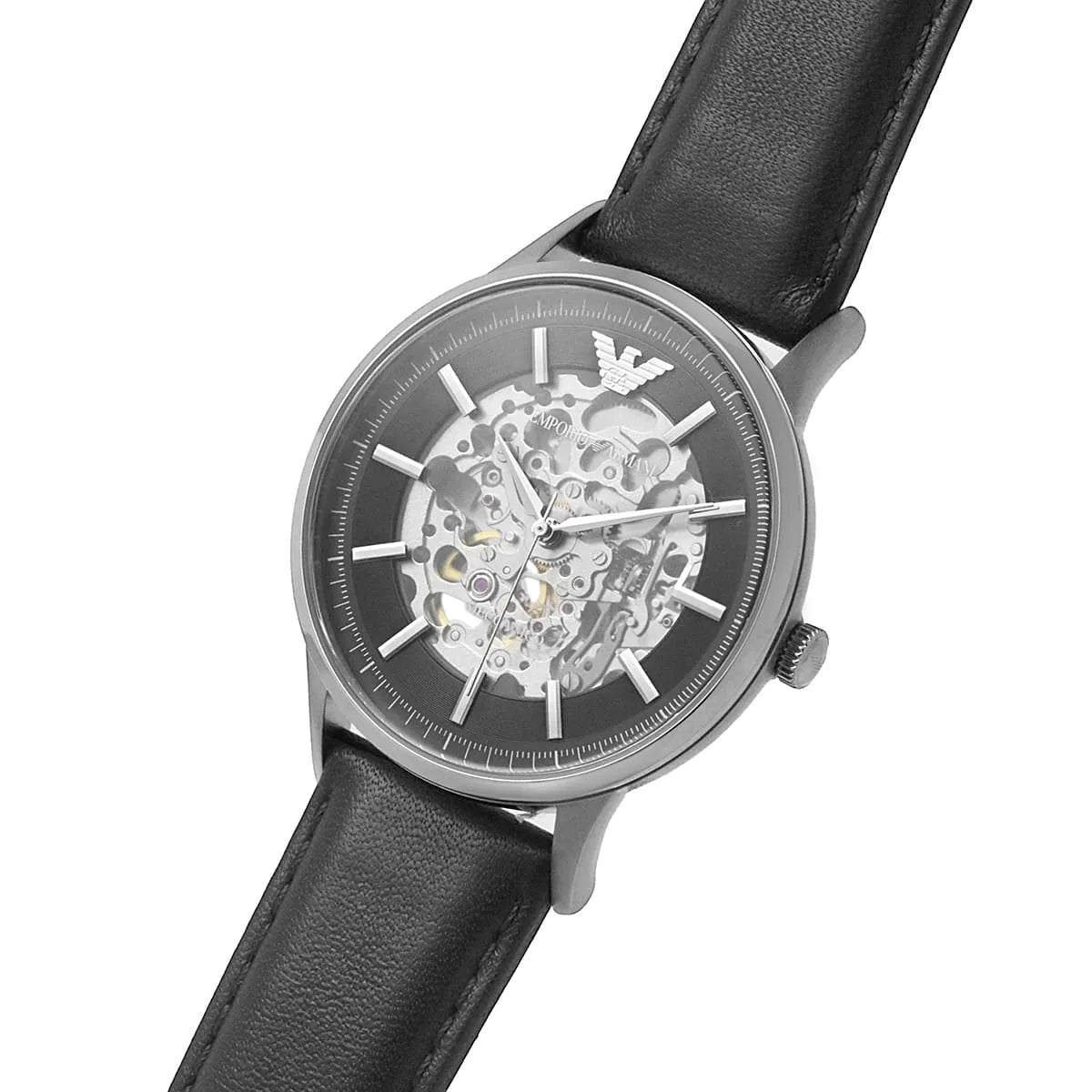 Emporio Armani Meccanico Skeleton Automatic Black Dial Black Leather Strap Watch for Men - AR60038