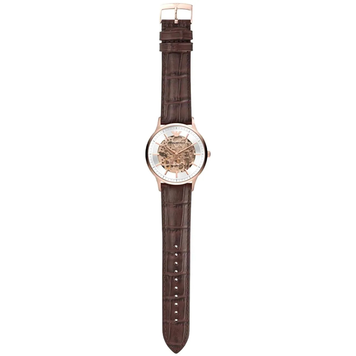 Emporio Armani Meccanico Automatic Silver Dial Brown Leather Strap Watch For Men - AR60039