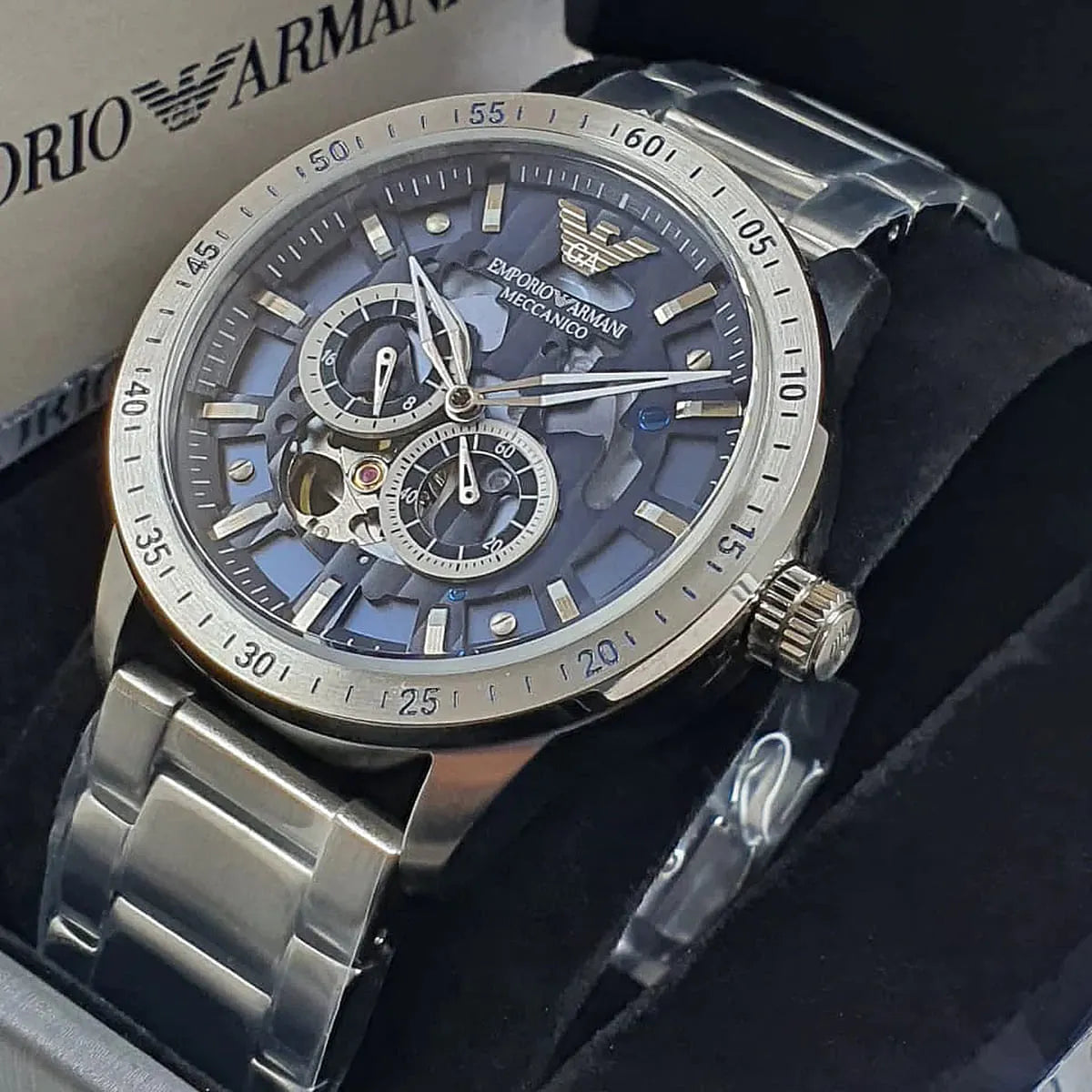 Emporio Armani Mario Chronograph Automatic Blue Dial Silver Steel Strap Watch For Men - AR60052