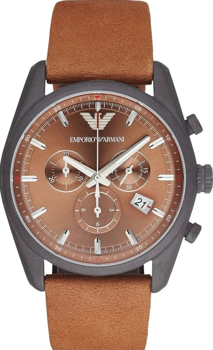 Emporio Armani Sportivo Chronograph Brown Dial Brown Leather Strap Watch For Men - AR6077