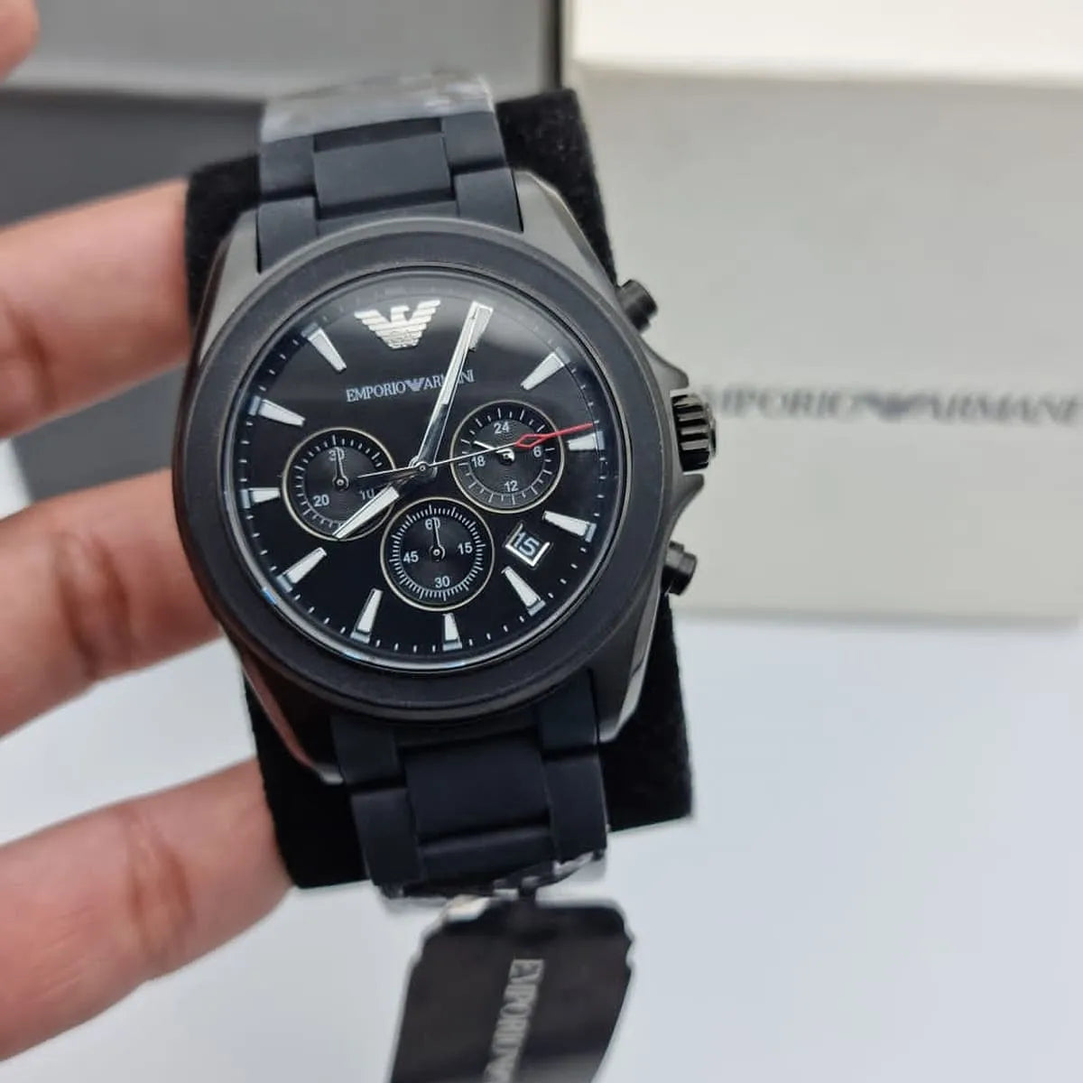 Emporio Armani Sportivo Chronograph Black Dial Black Silicone Strap Watch For Men - AR6092