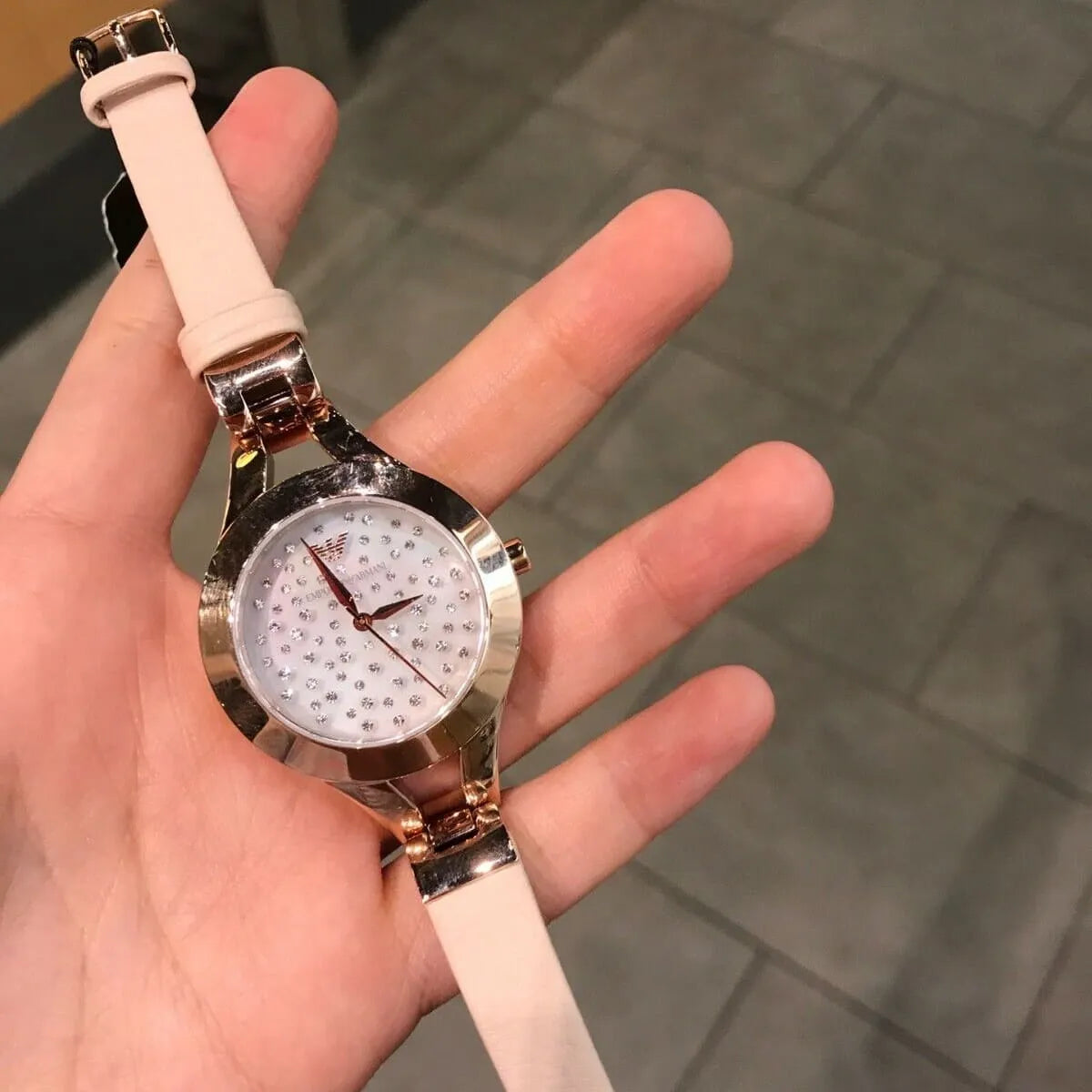 Emporio Armani Chiara Quartz Crystals White Dial Rose Gold Leather Strap Watch For Women - AR7437