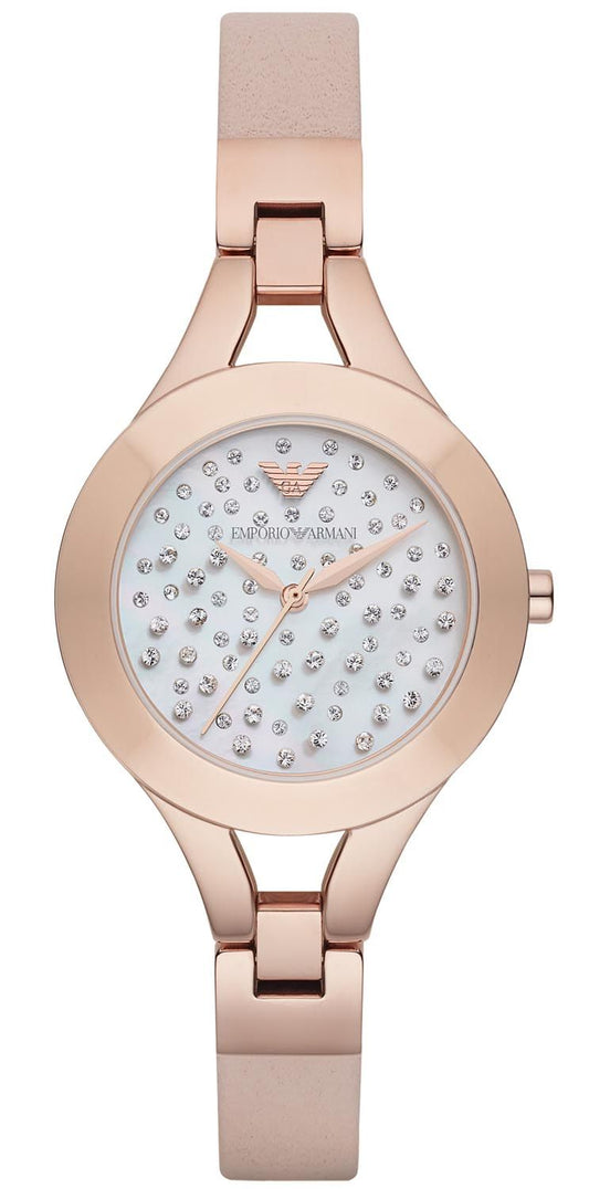 Emporio Armani Chiara Quartz Crystals White Dial Rose Gold Leather Strap Watch For Women - AR7437