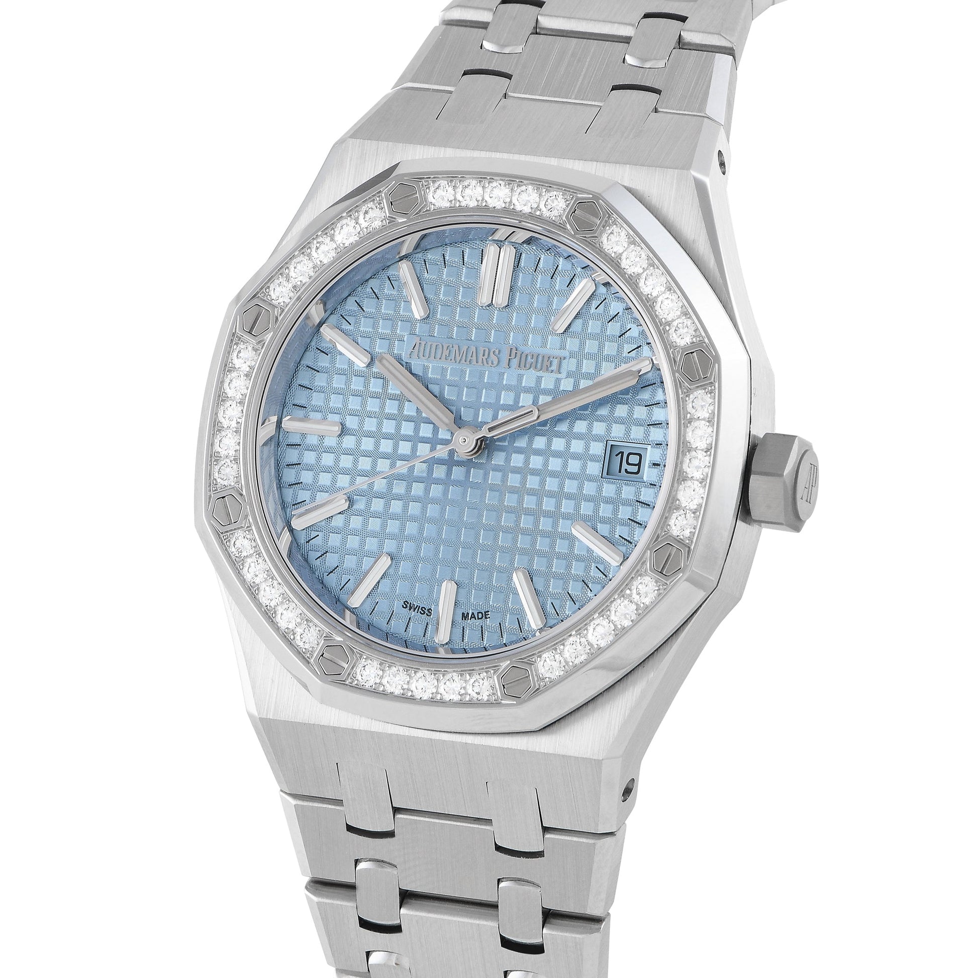 Audemars Piguet Royal Oak Diamonds Light Blue Dial Silver Steel Strap Watch for Women - 15551ST.ZZ.1356ST.04