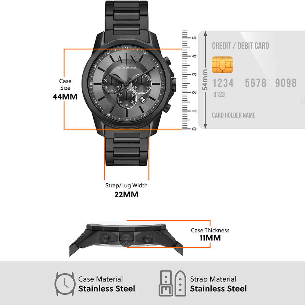 Armani Exchange Chronograph Black Dial Black Steel Strap Watch For Men - AX7140