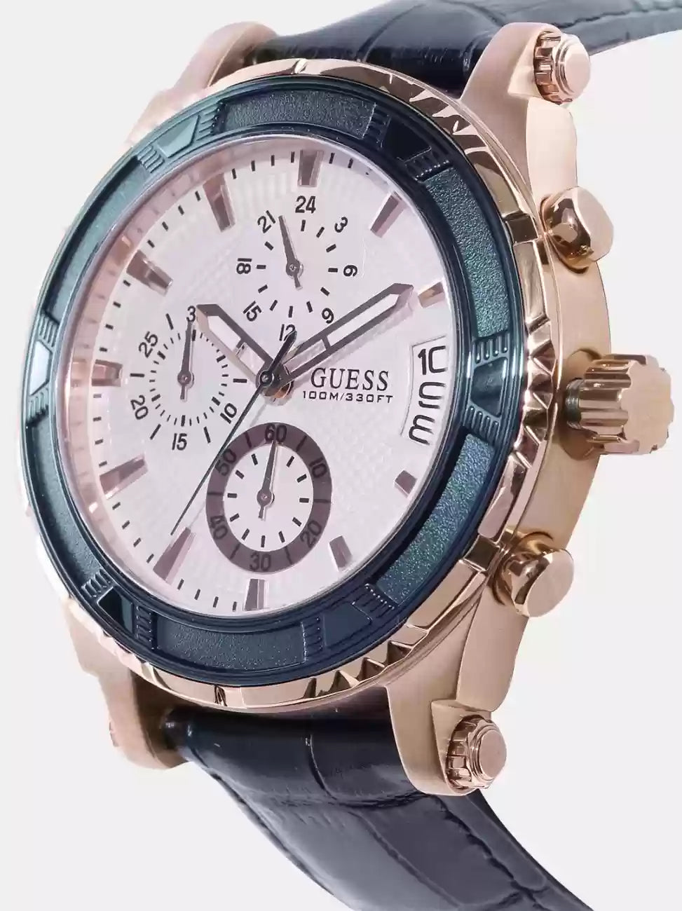 Guess Pinnacle Chronograph White Dial Blue Leather Strap Watch For Men - W0673G6