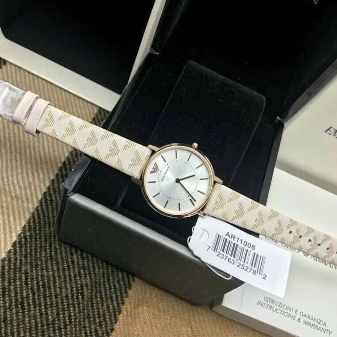 Emporio Armani Classic White Dial Beige Leather Strap Watch For Women - AR11008