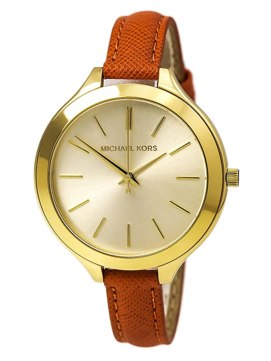 Michael Kors Runway Quartz Gold Dial Orange Leather Strap Watch For Women - MK2275