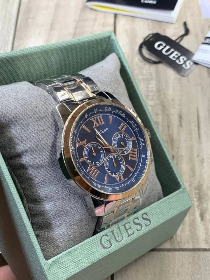 Guess Horizon Chronograph Blue Dial Two Tone Steel Strap Watch For Men - W0379G7