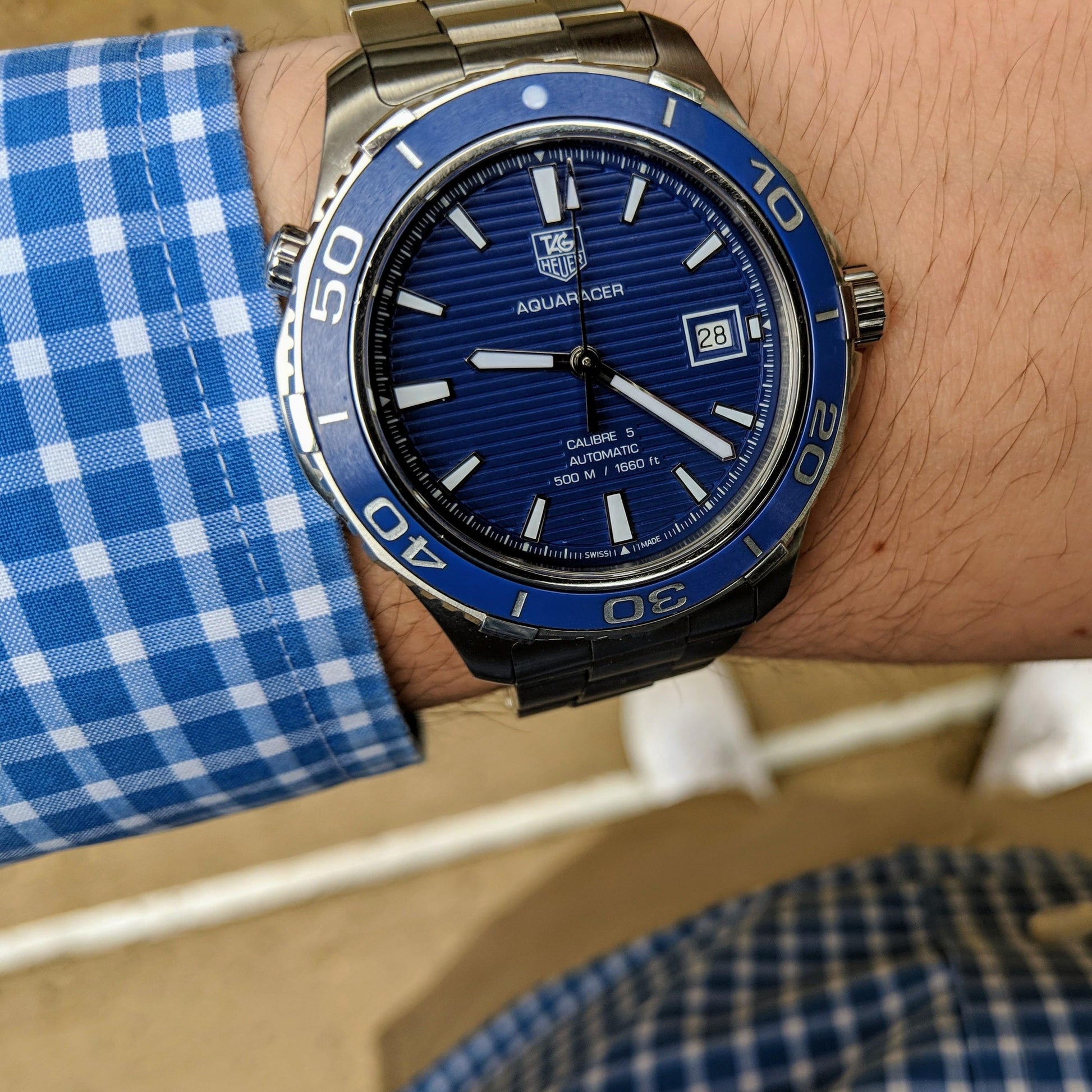 Tag Heuer Aquaracer Calibre 5 Automatic Blue Dial Silver Steel Strap Watch for Men - WAK2111.BA0830