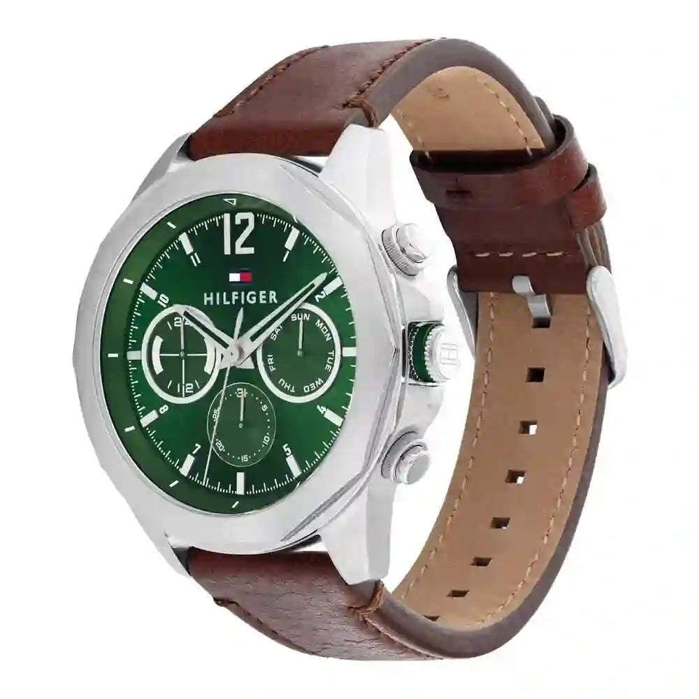 Tommy Hilfiger Lars Chronograph Green Dial Brown Leather Strap Watch For Men - 1792064