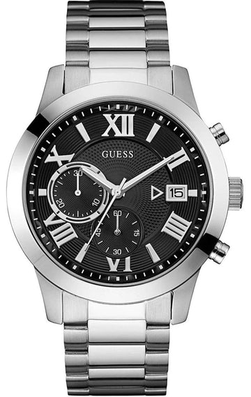 Guess Atlas Chronograph Black Dial Silver Steel Strap Watch For Men - W0668G3