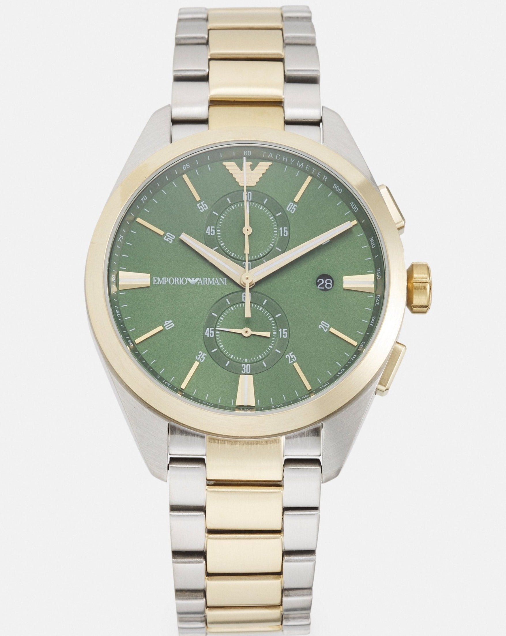 Emporio Armani Claudio Chronograph Green Dial Two Tone Steel Strap Watch For Women - AR11511