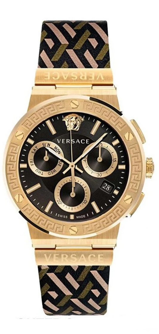 Versace Greca Chronograph Black Dial Brown Leather Strap Watch For Men - VEZ900621
