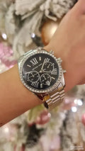 Michael Kors Lexington Chronograph Black Dial Silver Steel Strap Watch For Women - MK7277