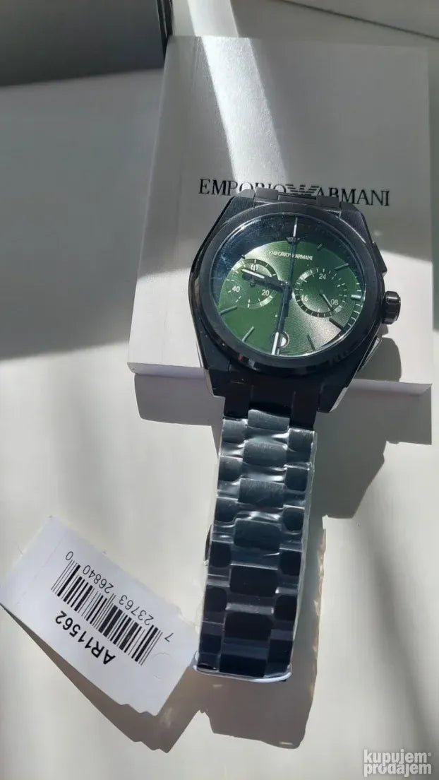 Emporio Armani Federico Chronograph Green Dial Black Steel Strap Watch For Men - AR11562