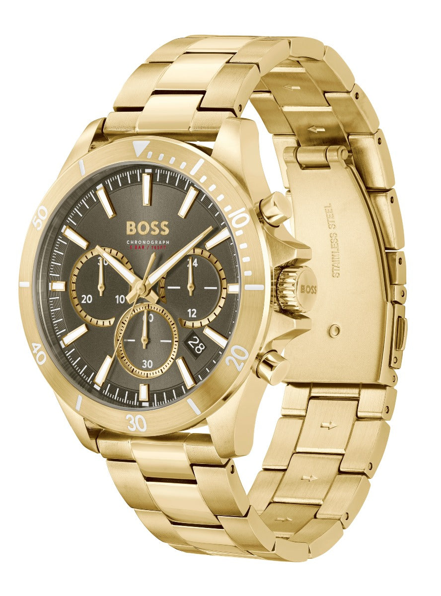 Hugo Boss Troper Chronograph Green Dial Gold Steel Strap Watch For Men - 1514059