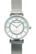 Emporio Armani Gianni T-Bar Quartz Mother of Pearl Dial Silver Mesh Bracelet Watch For Women - AR11319