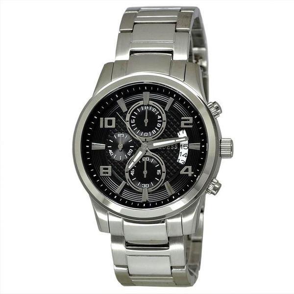 Guess Exec Chronograph Quartz Black Dial Silver Steel Strap Watch For Men - W0075G1