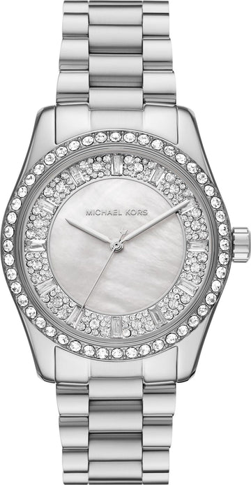 Michael Kors Lexington Lux Three Hand Mother of Pearl Silver Dial Silver Steel Strap Watch for Women - MK7445