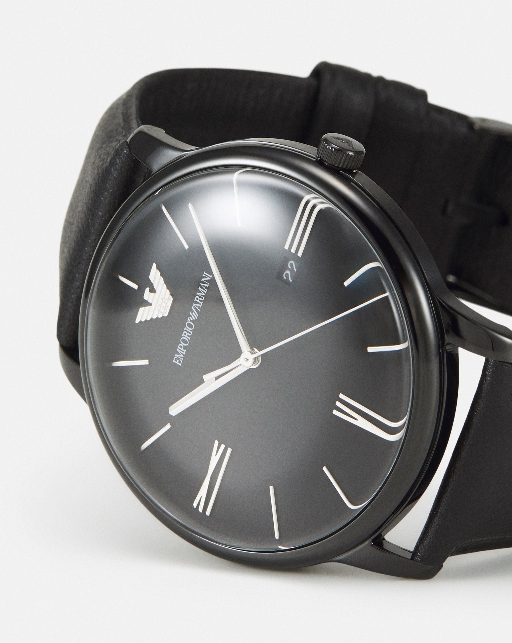 Emporio Armani Minimalist Analog Black Dial Black Leather Strap Watch For Men - AR11573