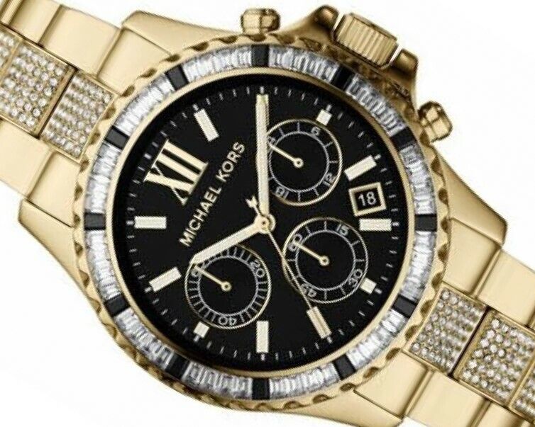 Michael Kors Everest Chronograph Black Dial Gold Steel Strap Watch For Women - MK5828