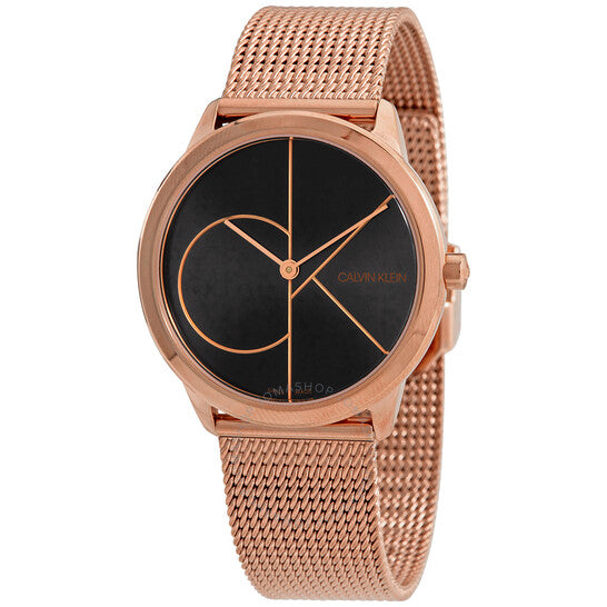 Calvin Klein Minimal Black Dial Rose Gold Mesh Bracelet Watch for Men - K3M22621