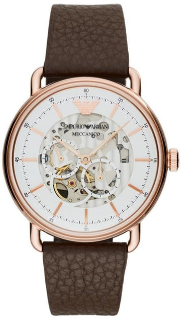 Emporio Armani Meccanico Automatic White Dial Brown Leather Strap Watch For Men - AR60027