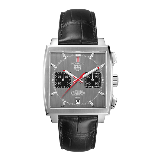 Tag Heuer Monaco Calibre 12 Final Edition Chronograph Grey Dial Black Leather Strap Watch for Men - CAW211J.FC6476