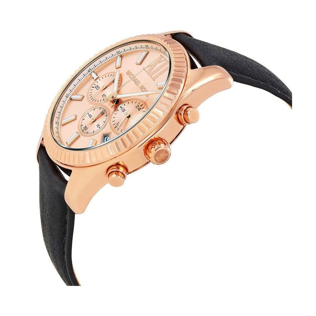 Michael Kors Lexington Chronograph Rose Gold Dial Black Leather Strap Watch For Men - MK8516