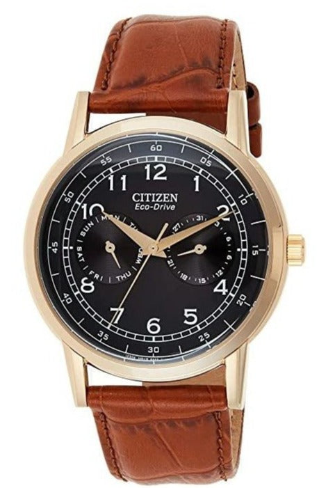 Citizen Eco Drive Multi Function Day & Date Black Dial Brown Leather Strap Watch For Men - AO9003-08E