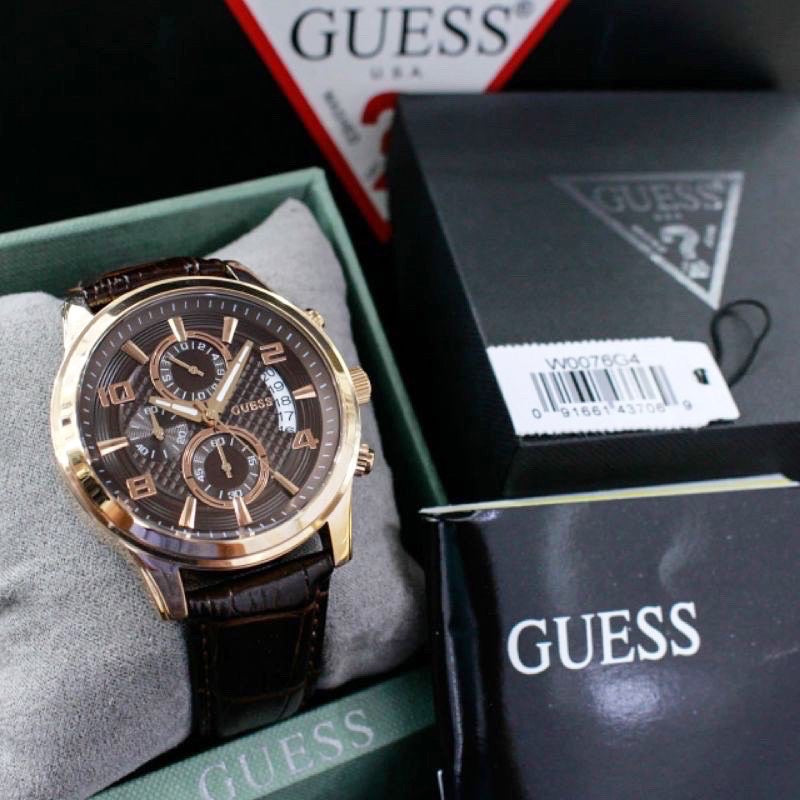 Guess Exec Chronograph Brown Dial Brown Leather Strap Watch For Men - W0076G4