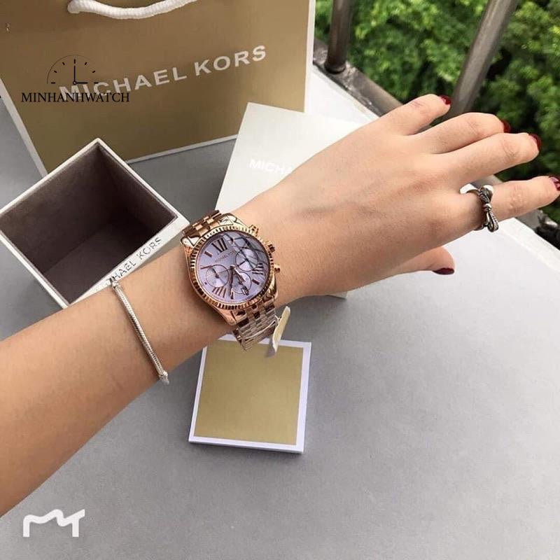 Michael Kors Lexington Purple Dial Rose Gold Steel Strap Watch For Women - MK6207