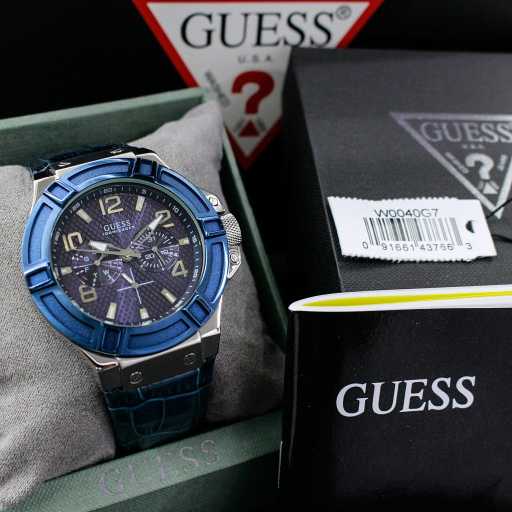 Guess Rigor Multifunction Chronograph Blue Dial Blue Leather Strap Watch For Men - W0040G7