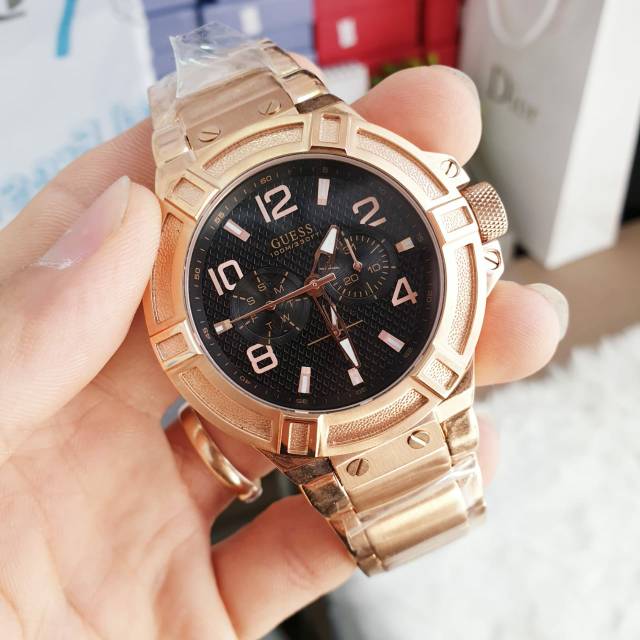 Guess Rigor Multi Function Black Dial Rose Gold Steel Strap Watch For Men - W0218G3