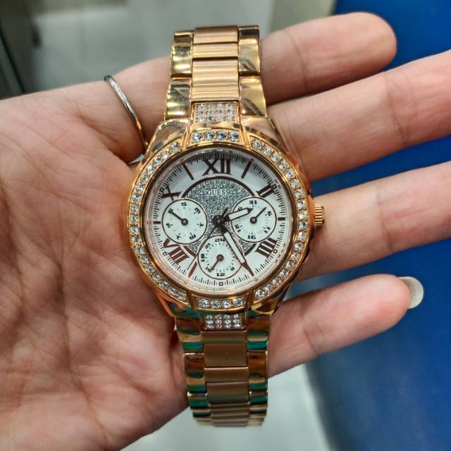 Guess Viva Diamonds White Dial Rose Gold Steel Strap Watch for Women - W0111L3