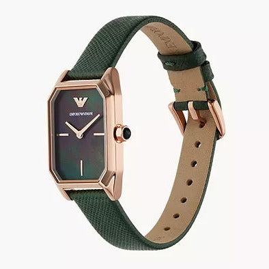 Emporio Armani Gioia Analog Black Mother of Pearl Dial Green Leather Strap Watch For Women - AR11149