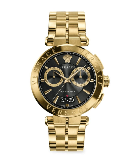 Versace Aion Chronograph Quartz Black Dial Gold Steel Strap Watch For Men - VE1D01721