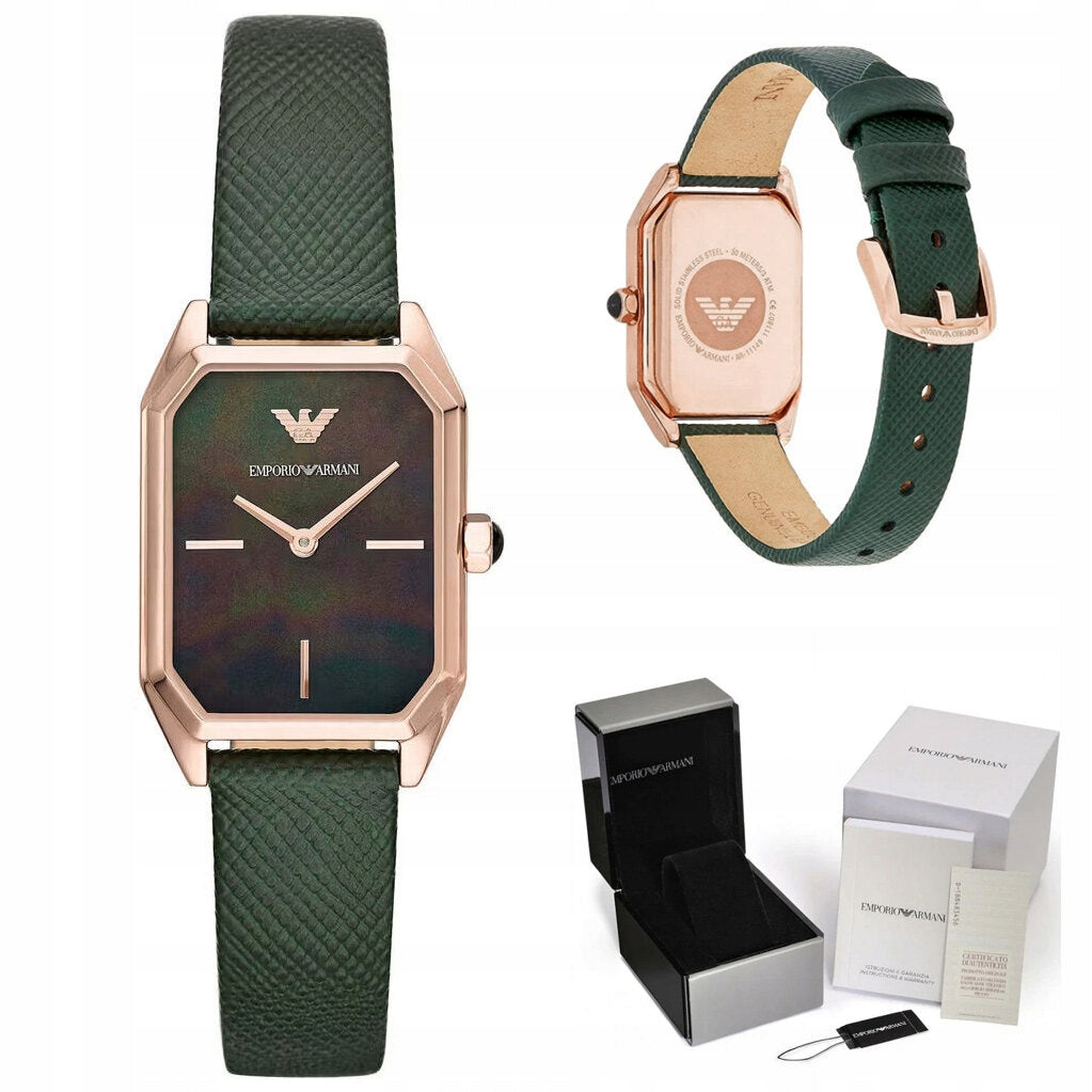 Emporio Armani Gioia Analog Black Mother of Pearl Dial Green Leather Strap Watch For Women - AR11149