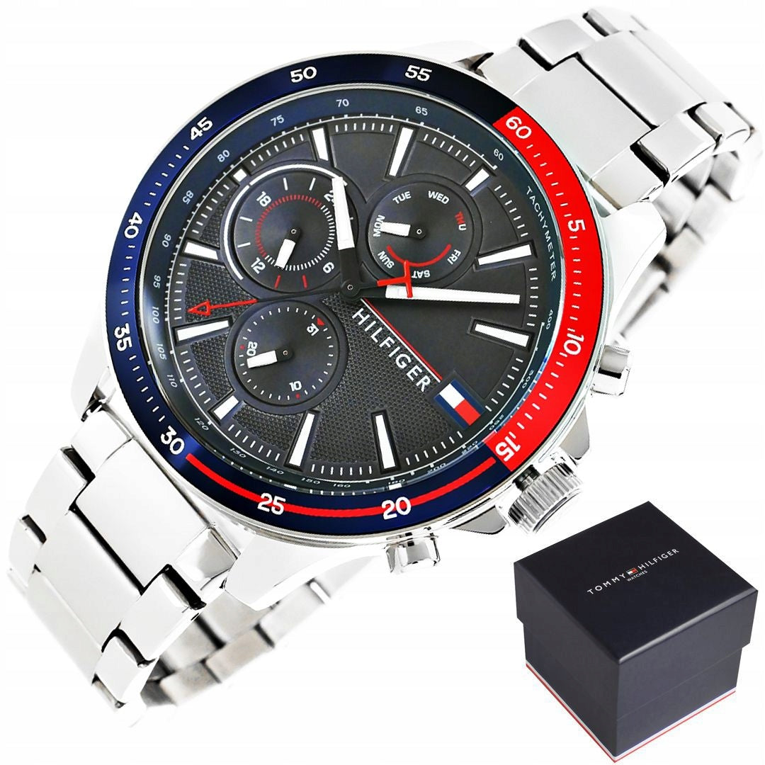 Tommy Hilfiger Bank Chronograph Blue Dial Silver Steel Strap Watch for Men - 1791718