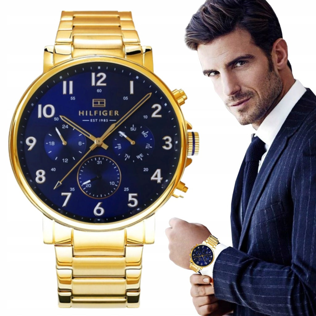 Tommy Hilfiger Daniel Blue Dial Gold Steel Strap Watch for Men - 1710384