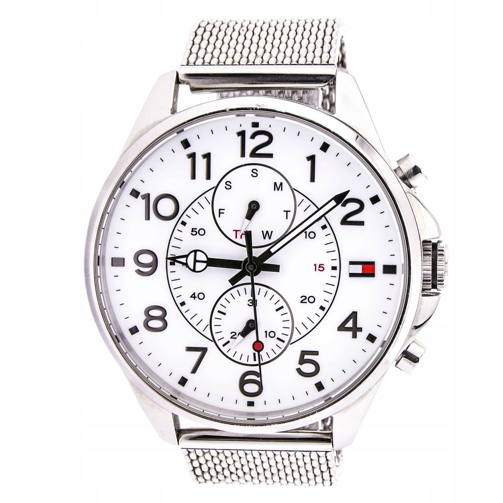 Tommy Hilfiger Dean Chronograph White Dial Silver Mesh Bracelet Watch for Men - 1791277